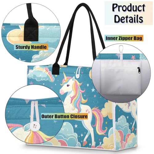 Rainbow Unicorn Stars Tote Bag for Women Large Beach Bag Reusable Tote Bags for Work Travel Beach Shopping4