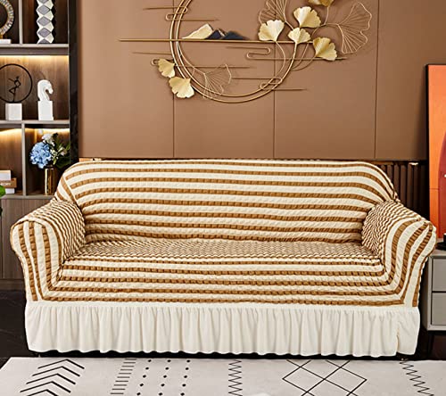 Image of House of Quirk Turkish Bubble Frill Five Seater 3 + 1 + 1 Sofa Slipcovers 280 GSM, Durable Washable Universal Triple Seater High Elastic Furniture Protector (Beige Stripe)