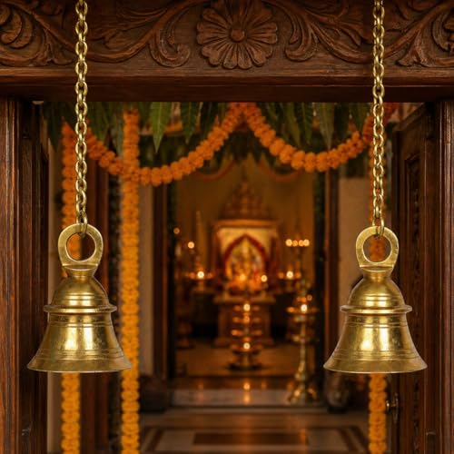 Kartique Brass Hanging Bell, Traditional Temple Bell with Chain, 20 Inch Length, Golden Color, Spiritual and Harmonic Decor for Home and Worship