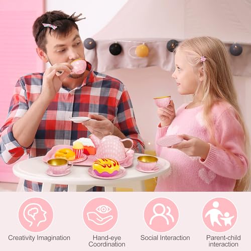 Image of Tea Party Set for Little Girls, Princess Tea Time Toys Including Tin Teapot Set Cups Carrying Case, Toddlers Pretend Role Play Kids Kitchen Toys Birthday Gifts Age 3 4 5 6