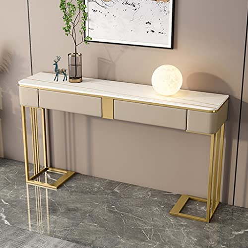 Mesa consola moderna con estantes de almacenamiento, 2 cajones, color blanco, 138 x 35 x 85 cm