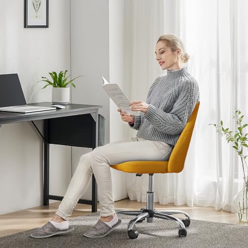 Image of Sweetcrispy Armless Vanity Chair, Cute Comfy Home Office Desk Chair with Wheels, Modern Upholstered Task Computer Seat for Bedroom, Study, Makeup Vanity, Height Adjustable & Swivel, Yellow
