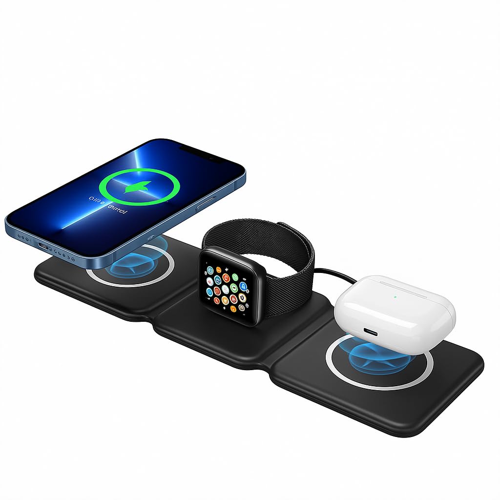- 3 in 1 Foldable Magnetic Wireless Charging Station - 15W Fast Qi Charger for Phone Watch Earbuds - Portable Travel Dock with Smart Protection & Compact Design (Black)