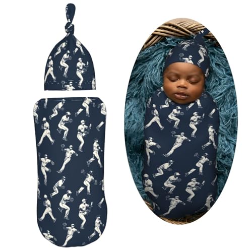 Image of Cartoon Baseball Players Newborn Swaddle Blankets Hat Sets Soft Baby Receiving Blanket Swaddle Sack for Baby Shower Infant Boy Girl Gift
