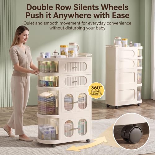 Image of StarAndDaisy Baby Storage Trolley with Wheels, 4-Tier Plastic Nursery Organizer with Drawers, Multipurpose Storage Rack for Baby Essentials, Diapers, Clothes, Toys (Off-White, Storage Cart)