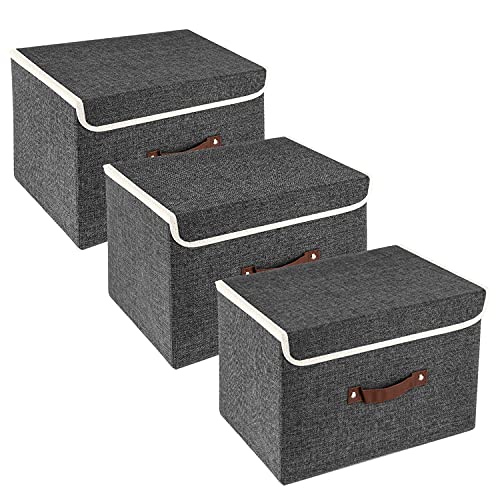 TYEERS Boîte de Rangement avec Couvercle, Tissu, Lavable, Rangement Tissu, 38x25x25 cm, Lot de 3, Noir