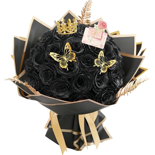 AIGOCITY 24 Pcs Glitter Roses Bouquet,Artificial Rose Bouquet,Sparkly Rose,DIY Fake Glitter Bouquets with Crown Card 3D Butterfly for Birthday Gifts Wedding Valentine\'s Day Mother\'s Day (Black)