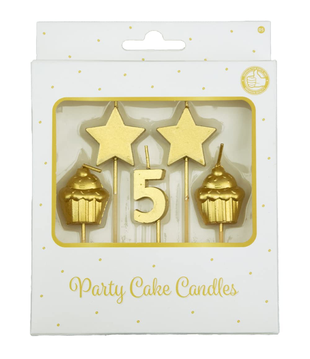 PD-Party - Birthday Candles for Cakes - Birthday Decoration - Golden Cake Candles for Birthday Parties for Children and Adults - Number Candles - Number Candle - Size 3 x 9 x 1 cm - 5 Years