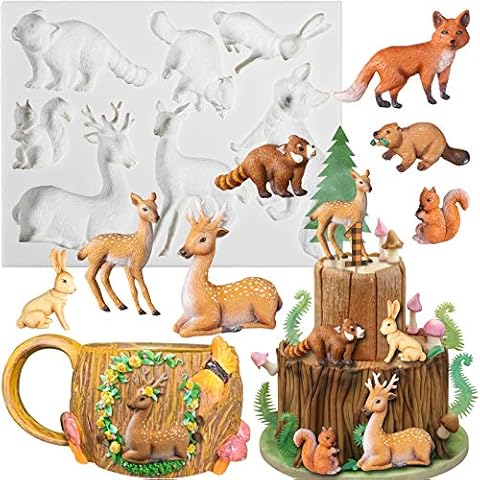 Jungle Safari Woodland Animal Fondant Silicone Mould Fox Squirrel Rubbit Raccoon Beaver Elk Sika Deer, for Cake Decorating Cupcake Topper Chocolate Polymer Clay 7-Shape 1-3.3inch Cover