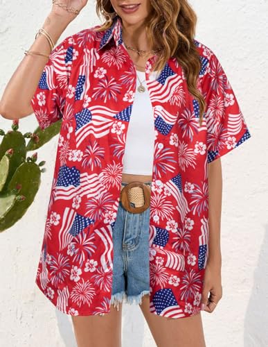 Image of ASTANFY Hawaiian Shirt Women Hawaii T-Shirt Tropical Floral Printed V Neck Shirts Soft Cool Summer Beach Button Up Blouse