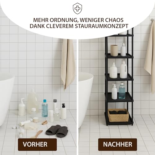 ABBAware Standregal mit 6 Ebenen - 40 x 30 x 135 cm Kunststoff schwarz - schmales Regal für Küche, Bad, Keller & Abstellraum - Badezimmerregal & Kellerregal ohne Bohren - schmales Regal