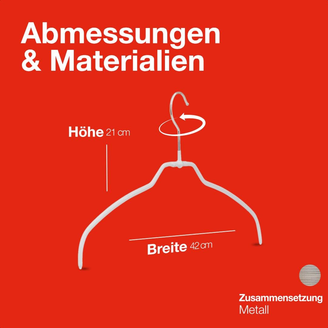 MAWA Kleiderbügel Light, Set mit 100 platzsparenden und rutschfesten Bügeln, ideal für Hemden und Blusen, mit 360° drehbarem Haken und Antirutschbeschichtung, 42 cm, Weiß