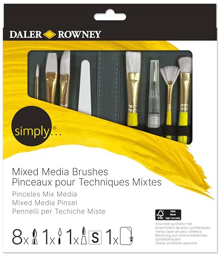 Daler-Rowney Simply Pinceles Mix Media, Surtido de Pelo sintético, Mango Corto, Estuche con Cremallera, Surtido de 10 Pinceles
