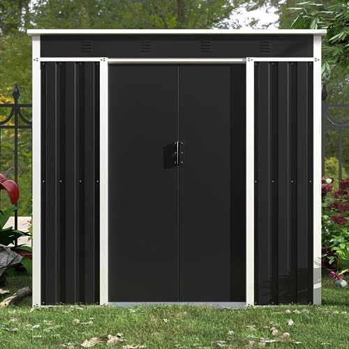 AOBABO Metal Outdoor Storage Shed 6X4 FT, Tool Garden Sheds and Tiny Houses, 2 Lockable Sliding Doors, Outside Waterproof Galvanized Steel Bike Storage House for Backyard Garden Patio Lawn, Black