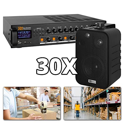 Power Dynamics PDV360 Bluetooth Verstärker Set - 30x Wandlautsprecher, 360 Watt, Außen-Lautsprecher mit USB MP3-Player, inkl. 300m Kabel - Soundsystem Perfekt für Lagerhalle, Büro, Gewerbe