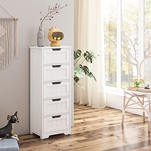 FOREHILL Weiß 40x30x102cm Badezimmerschrank flach mit 5 Schubladen für Badezimmer, Flur, Wohnzimmer, Esszimmer