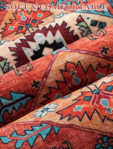 SERISSA Boho Washable Runner Rug, 2'6"x10' Rug Runner Non-Slip Vintage Orange Hallway Kitchen Runner Rug Ultra Soft Print Distressed Tribal Floor Carpet Runner for Bedroom Bathroom Laundry Room