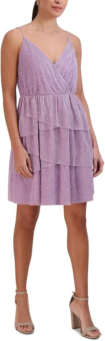 BCBGeneration Womens Fit and Flare Mini Cocktail Dress Adjustable Spaghetti Straps Surplice Neck Tiered Ruffle Skirt