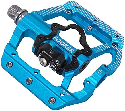 FOOKER MTB Mountain Bike Pedals 3 Bearing Flat Platform Compatible with SPD Dual Function Sealed Clipless Aluminum 9/16" Pedals with Cleats for Road (Blue 3 Bearings)