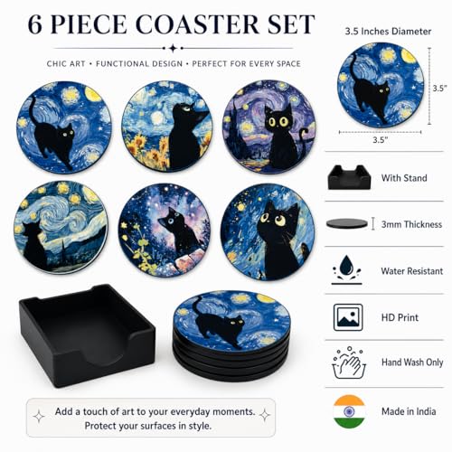 Image of Zesta Coasters for Cups Set of 6 / Wooden Coasters for Bar Accessories for Home /Tea Coaster Set of 6 / Waterproof Dining Table Decor Glass Cover (Van Cat, Circle)
