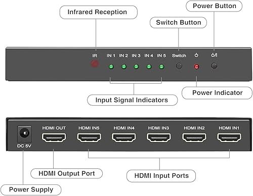 Miniatura 17 de ROOFULL 4 puertos 8K HDMI 2.1 Switch 4 en 1 salida 8K@60Hz 4K @120Hz HDMI Switcher Selector con soporte remoto 48Gbps HDR 10+ Dolby Vision/Atmos