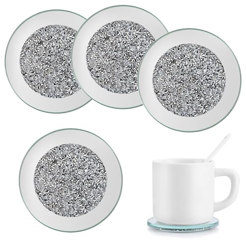 4 Piece Glass Mirrored with Crushed Diamonds Coaster, 4" Silver Coaster Set, Round Crystal Mirror Coaster for Decorating Your Kitchen, Restaurant, Bar, Dining Table