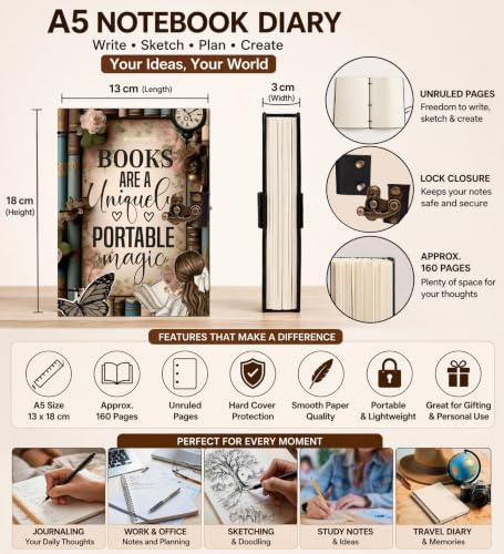 Image of Portable Magic Diary Notebook 7x5 Inch 160 Pages Unruled Journal for Writing