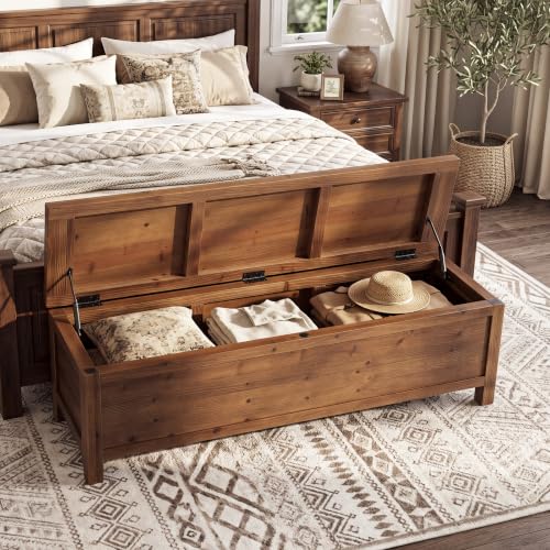TRIBEWOOD Solid Wood Storage Bench, 62.99'' Extra Large Storage Chest with 2 Safety Hinges, Blanket Storage,Shoe Storage Bench for Entryway,Bedroom,Living Room,Easy Assembly, Rustic Brown