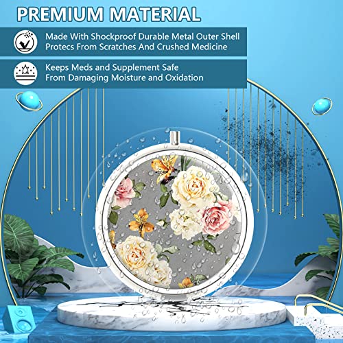 Image of Pill Box 3 Compartment Medicine Pill Case,Portable Pill Box for Pocket or Purse Pill Box Decorative Metal Medicine Vitamin Organizer Unique Gift(Blooming Rose)