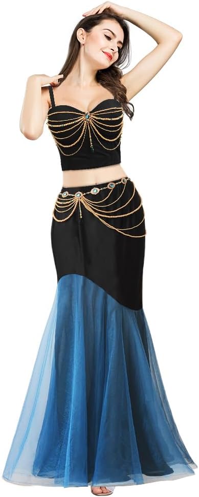 ROYAL SMEELA Black Sequin Bustier Crop Top with Chain Gemstone Detail Adjustable Straps for Evening Parties Special Events