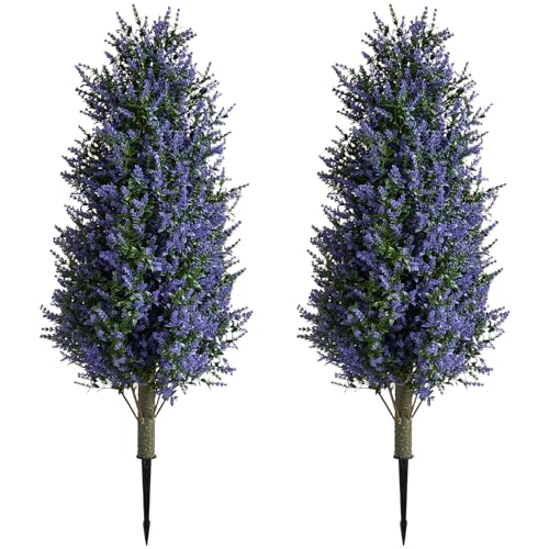 Christmas Artificial Lavender Cone Topiary Trees with Spike, 2 Pack UV Resistant & Anti Lodging...