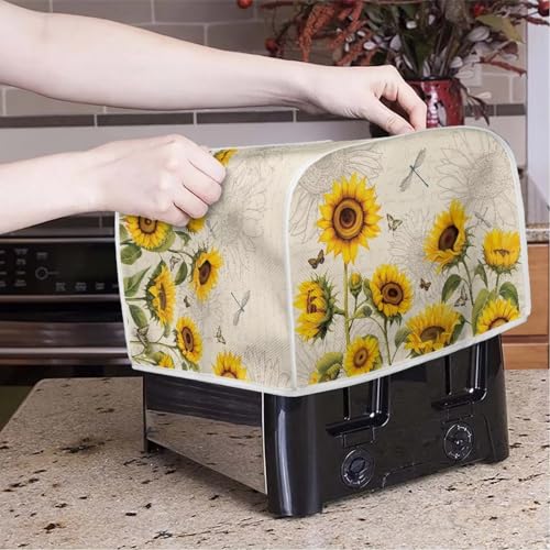 Image of Talayituse Sunflower Dragonfly Butterfly 4 Slice Toaster Dust Covers Kitchen Small Appliance Cover, Thanksgiving Stain Resistant Dust Protection Bread Machine Cover with Top Handle