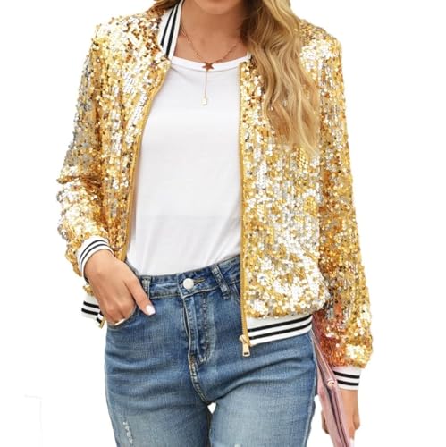 FEORJGP Womens Sparkle Baseball Bomber Jacket Sequin Shimmer Jacket Coat Long Sleeve Glitter Shiny Baseball Jacket Outerwear