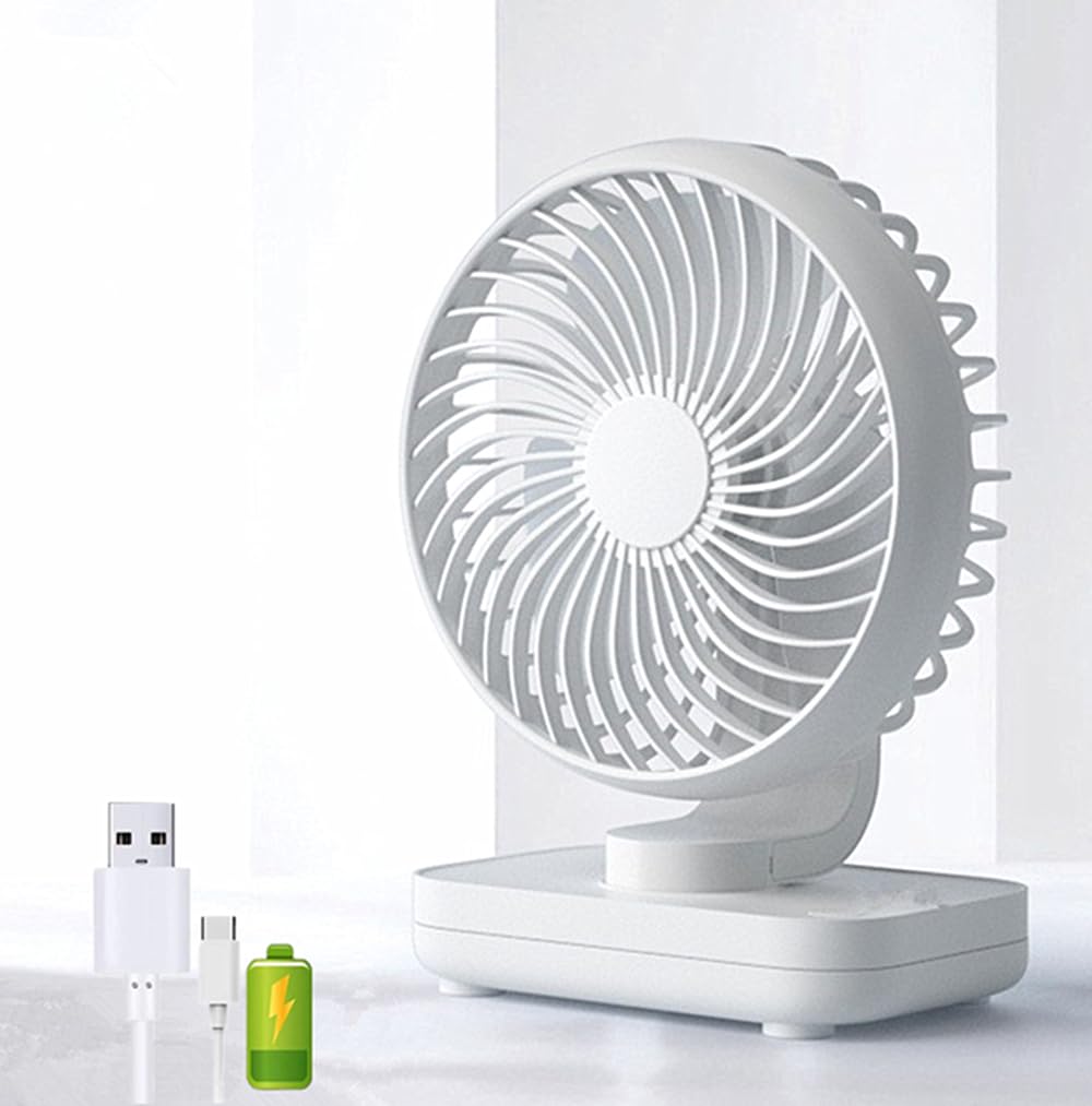 HAWAII Portable Desk Fan,Small Table Fan,USB Rechargeable Battery Desktop Fan,4 Speeds Personal Mini Fan, 90°Adjustment, Automatic Head Swing, Strong Wind Quiet Fan for Home,Office,Bedroom,Outdoor