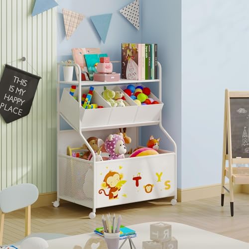 BBLIKE Toy Storage Organizer with Wheels - 3-Tier Kids Large Toy Box, Toy Chest Storage for Boys Girls Toddlers, Kids Bookshelf with 3 Fabric Toy Boxes for Playroom, White - Thumbnail 3