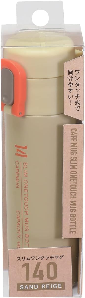 Pearl Metal HB-6263 Water Bottle, Mug Bottle, 4.9 fl oz (140 ml), Slim, One Touch, Heat Retention, Cold Retention, Stainless Steel, Sand Beige, Cafe Mug