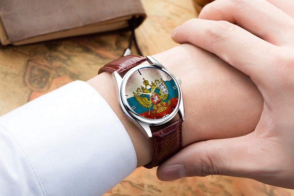 Orologio da uomo casual impermeabile al quarzo orologio data classico business marrone pelle orologio da polso Natale sventolando bandiera della Russia orologi da polso, Marrone, Commerciale