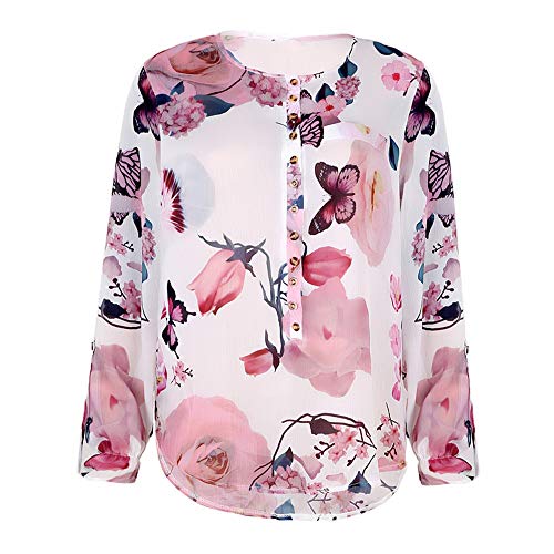 Farjing Blouse for Women Women Casual Floral Printed Button Chiffon Irregular Hem T-Shirt Top Blouseï¼ˆSï¼ŒWhiteÂ 
