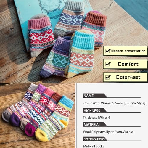 Image of HongLianMeng 5 Pairs Women Winter Warm Thick Soft Cute Vintage Wool Knit Cozy Crew Socks for Women Gifts Christmas Gifts