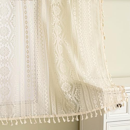 Image of MYSKY HOME Beige Lace Tier Curtains 36 Inch Length 2 Panels Kitchen Cafe Sheer Short Boho Half Country Rod Pocket Curtains for Small Windows Basement Bathroom, 34 inch Wide Each Panel