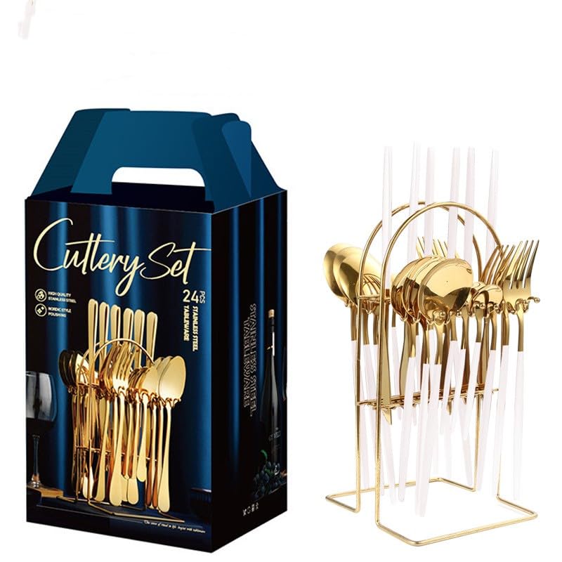 GZLQHDGZLQHD Dining Dinnerware Tableware Kitchen Set, 401 Stainless Steel，Stainless steel cutlery knife, fork and spoon set 24-piece cutlery set 6 people gift box with (white-gold)