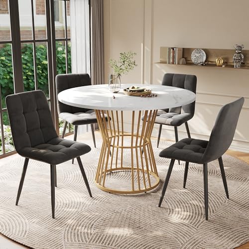 MSMOK Juego de mesa de comedor (5 piezas), juego de mesa de comedor con 4 sillas, redonda de 100 cm de diámetro y patas de metal doradas, mesa de cocina, tablero de fibra de densidad media blanca