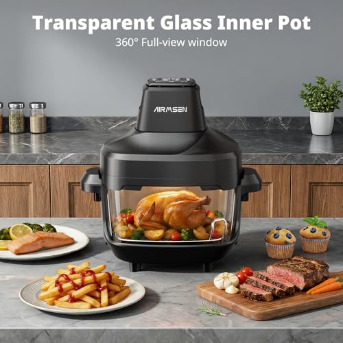 AIRMSEN Portable Glass Air Fryer - 1500W, 4.5L & 1.2L Dual Containers with Lid, Non-Toxic, 60-230℃, 4 Preset Functions, Detachable Air Frying Head, Safe for Microwave, Freezer & Dishwasher - Image 3