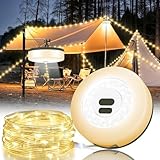 Camping String Lights, 4 in 1 Quick Storage Camping Essentials Gear 32.8FT Rechargeable Tent Lights with 6 Modes Hanging Waterproof LED Camp Lamp for Camping Hiking Patio Garden Festival-Warm White