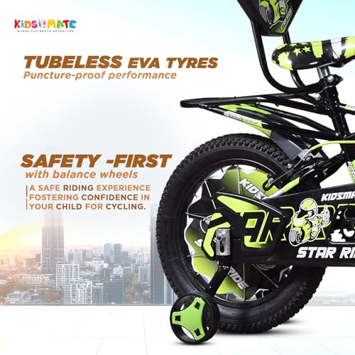 Image of Kidsmate Star Ride 16T Kids Bicycle with Training Wheels | Cycle for Kids Featuring Front Basket, Adjustable Seat & Strong Steel Frame | Perfect First Ride Kids Cycle for 5-8 Years - Neon Green