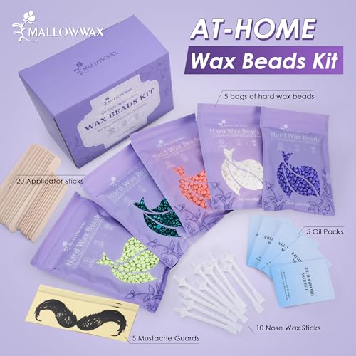 Image of Mallowwax Wax Beads for Hair Removal -5 Pack Hard Wax for Sensitive Skin, Ideal for Bikini, Brazilian, Face, Eyebrow, Legs, Armpit, Full Body - Professional Waxing Wax Refill at Home for Women Men