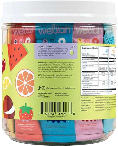Image of Wellah Creatine for Women (Variety Pack) 30 Stick Packs - 3g of Creatine Monohydrate Powder with Dandelion & Cranberry Extract, 6 Flavors, to-Go Packets