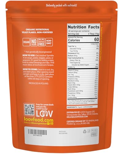 Image of LOOV Organic Non-Fortified Nutritional Yeast Flakes - Vegan, Gluten Free, Non-GMO Unfortified Nooch - Good Source of Natural B-Vitamins - No Added Salt or Sugar - Resealable Bag, 16 Ounces (454 Grams)