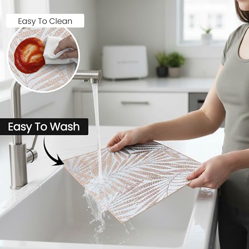 Image of Yellow Weaves 6 Pcs PVC Table Placemats, Dining Table Mat, Stain Resistant, Anti-Skid, Waterproof, Washable, Dining, Kitchen, Restaurant Table Set Easy to Clean, Durable (Fern Leaf Rose Gold)