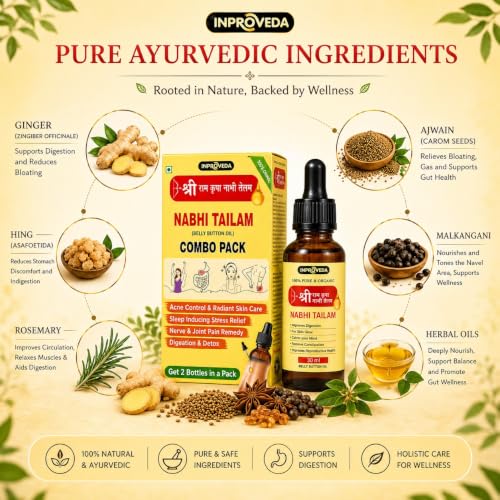 Image of Inproveda Sri Ram Kripa Nabhi Tailam Oil | नाभि तेल 4 x 30ml | Ayurvedic Multi Benefit Belly Button oil | For Digestion & Detox, Sleep-Inducing Stress Relief, Acne Control & Joint Comfort | Combo Pack of 04 = 120ml